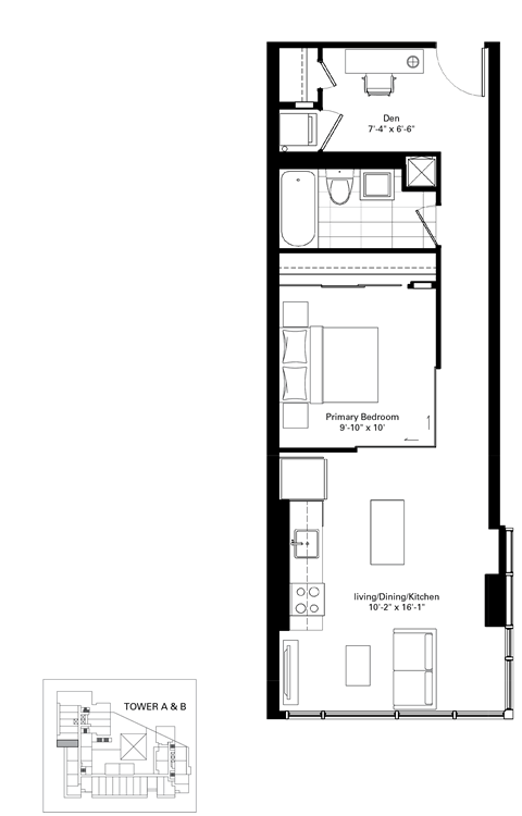 Floor plan for 1 bed, 1 bath, 610 sqft